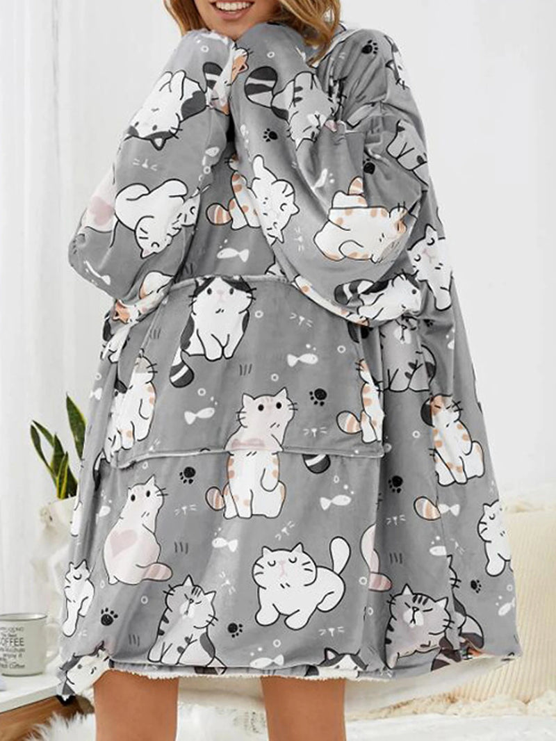 Moletom Cobertor Feminino com Capuz – Estampa de Gato e Conforto no Inverno