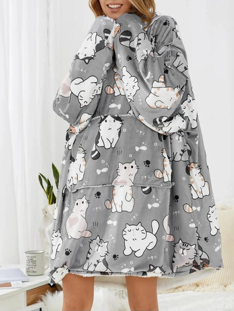 Moletom Cobertor Feminino com Capuz – Estampa de Gato e Conforto no Inverno