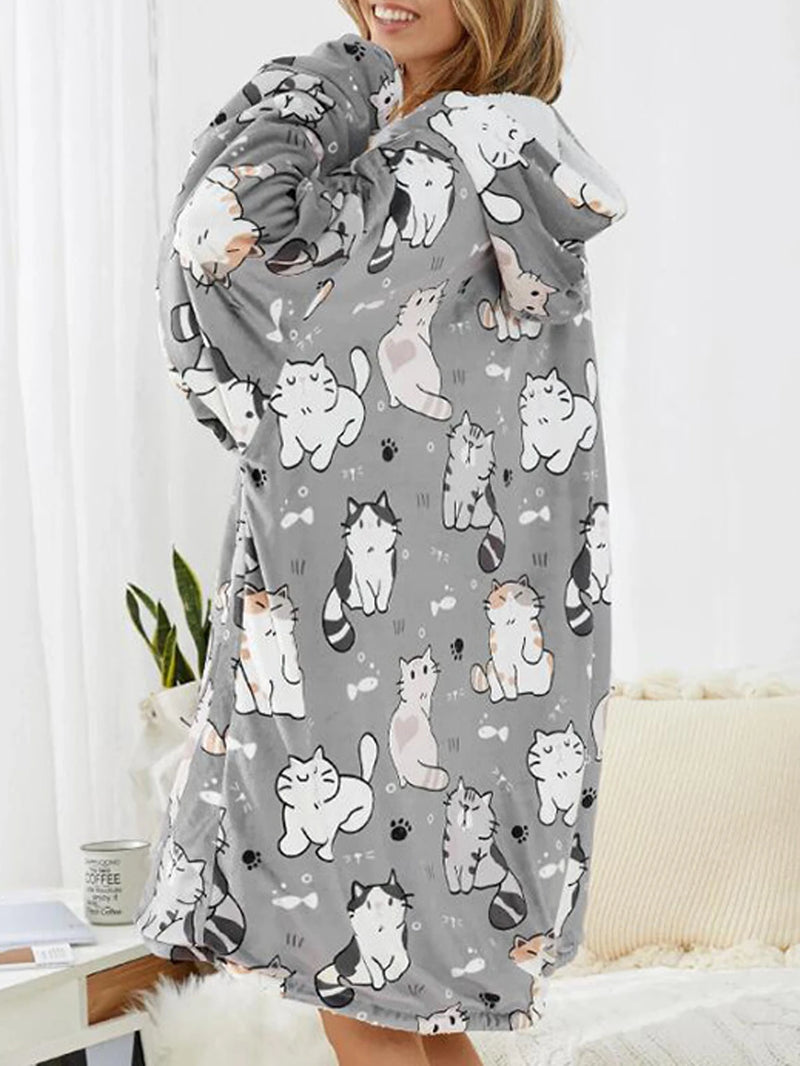 Moletom Cobertor Feminino com Capuz – Estampa de Gato e Conforto no Inverno